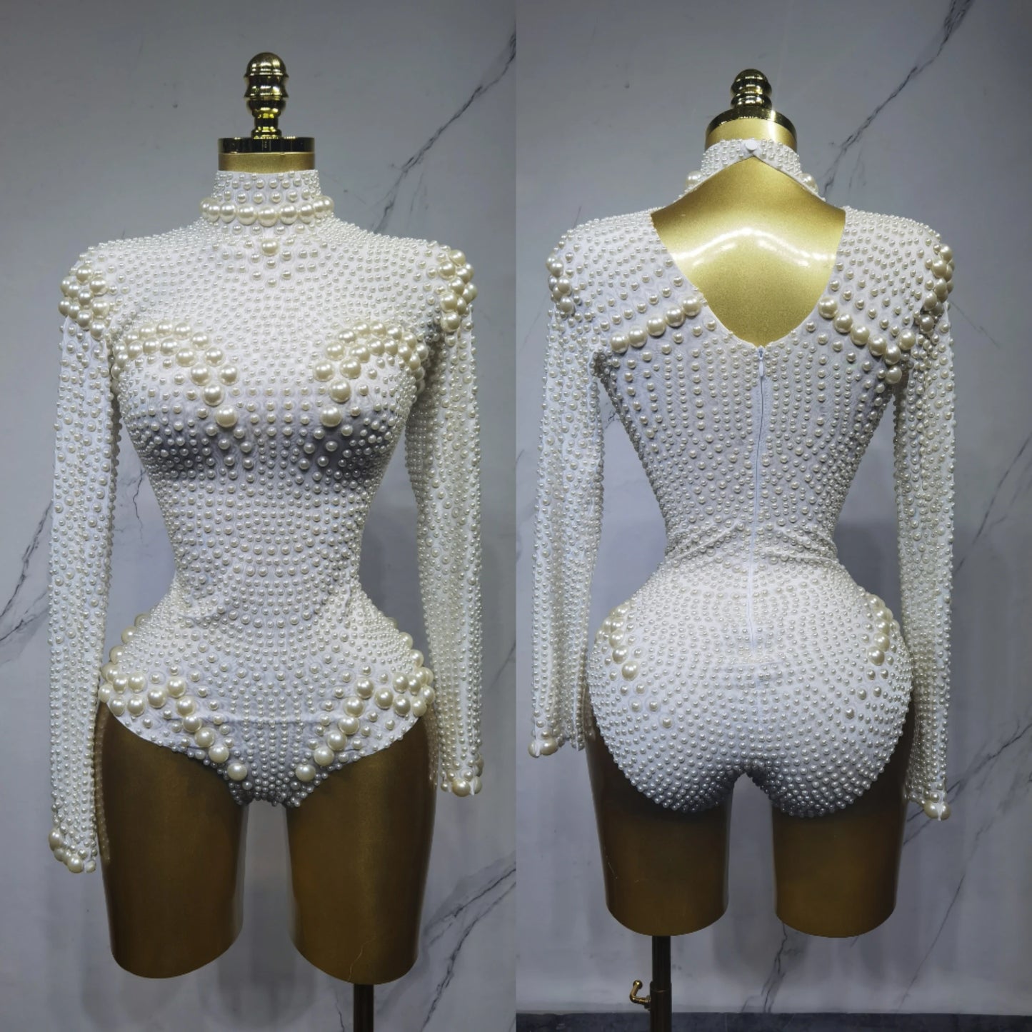 Sparkling Rhinestone Hollow-Out Long Sleeve Stage Formal Stage Performance Skin Tight Bodysuit