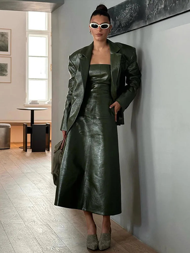 Shiny PU Leather Women's Solid Color Blazer Jacket w/ Flared Sleeveless Tube Maxi Dress 2-Piece Suit