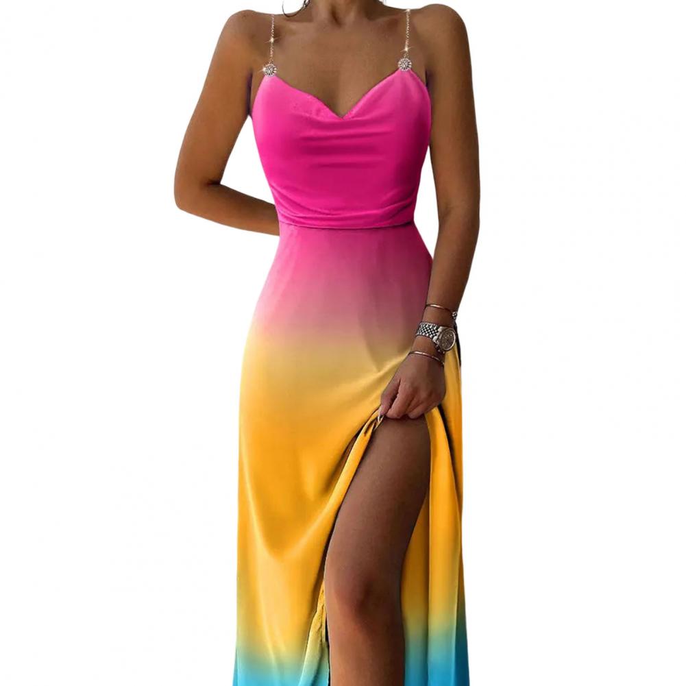 Ombre Rainbow Gradient Colorblock V-Neck Spaghetti Strap Halter Sleeveless High Slit Maxi Dress