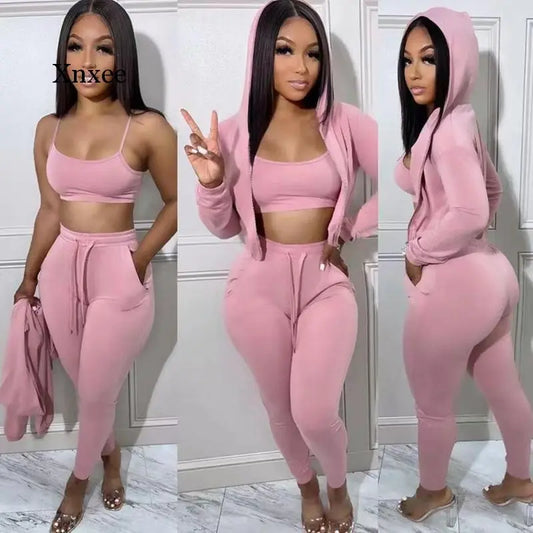 Skinny Solid Long Sleeve Zipper Hoodie + Halter Neck Tank + Sweatpants 3-Piece Ladies Tracksuit