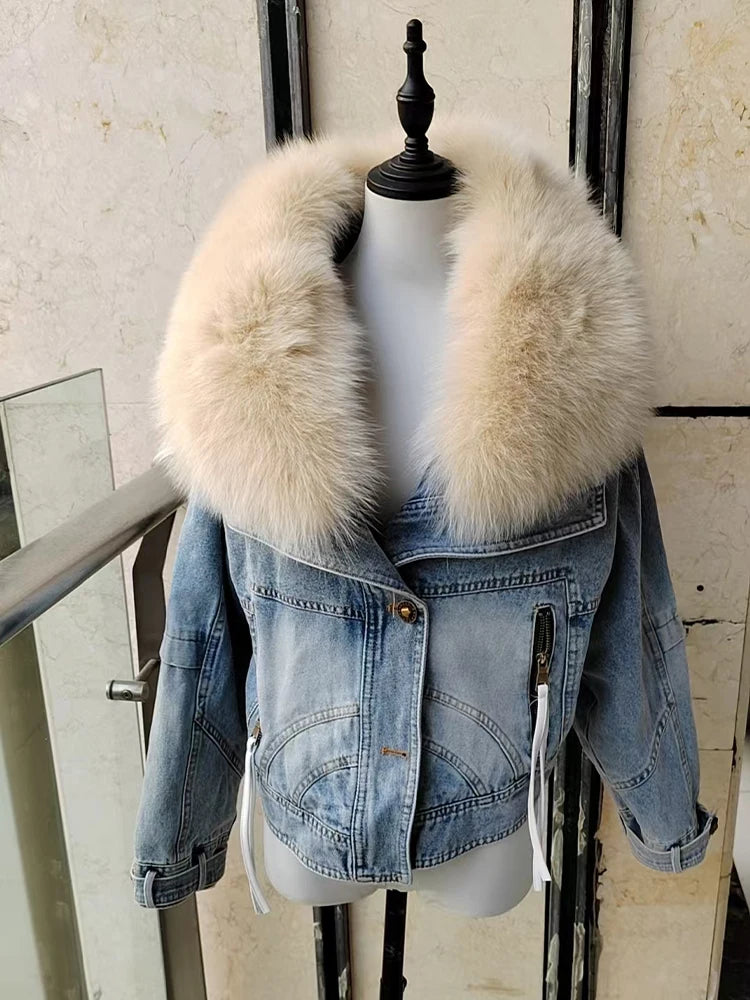 Denim Oversized 100% Real Fox Fur Collar Short Women's Goose Down Puffer Jean Jacket