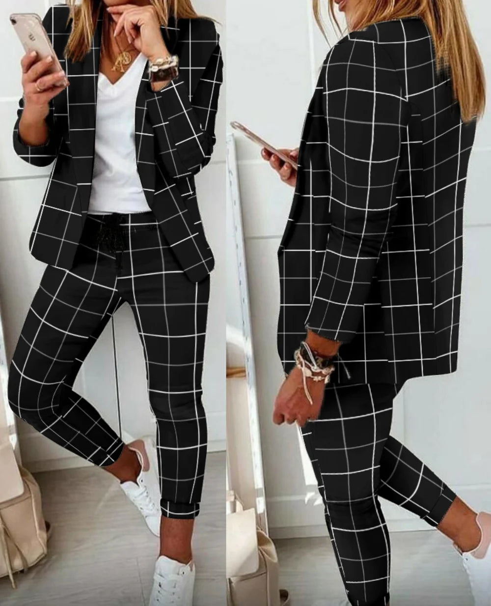 English Plaid Print Blazer Jacket +Matching Ankle Length Pants Women's Suit