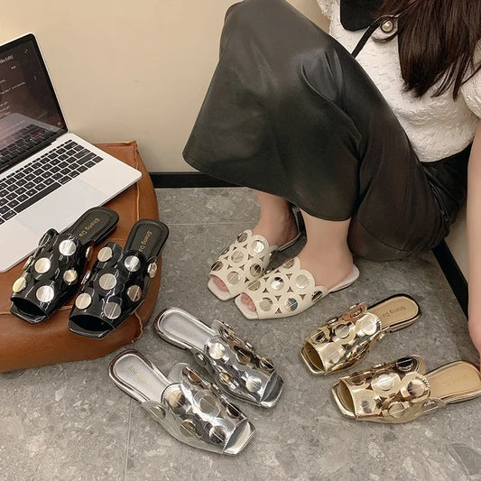 Designer Metallic Hole Pattern Women's Open Toe Flat Square Heel Slipper Sandals