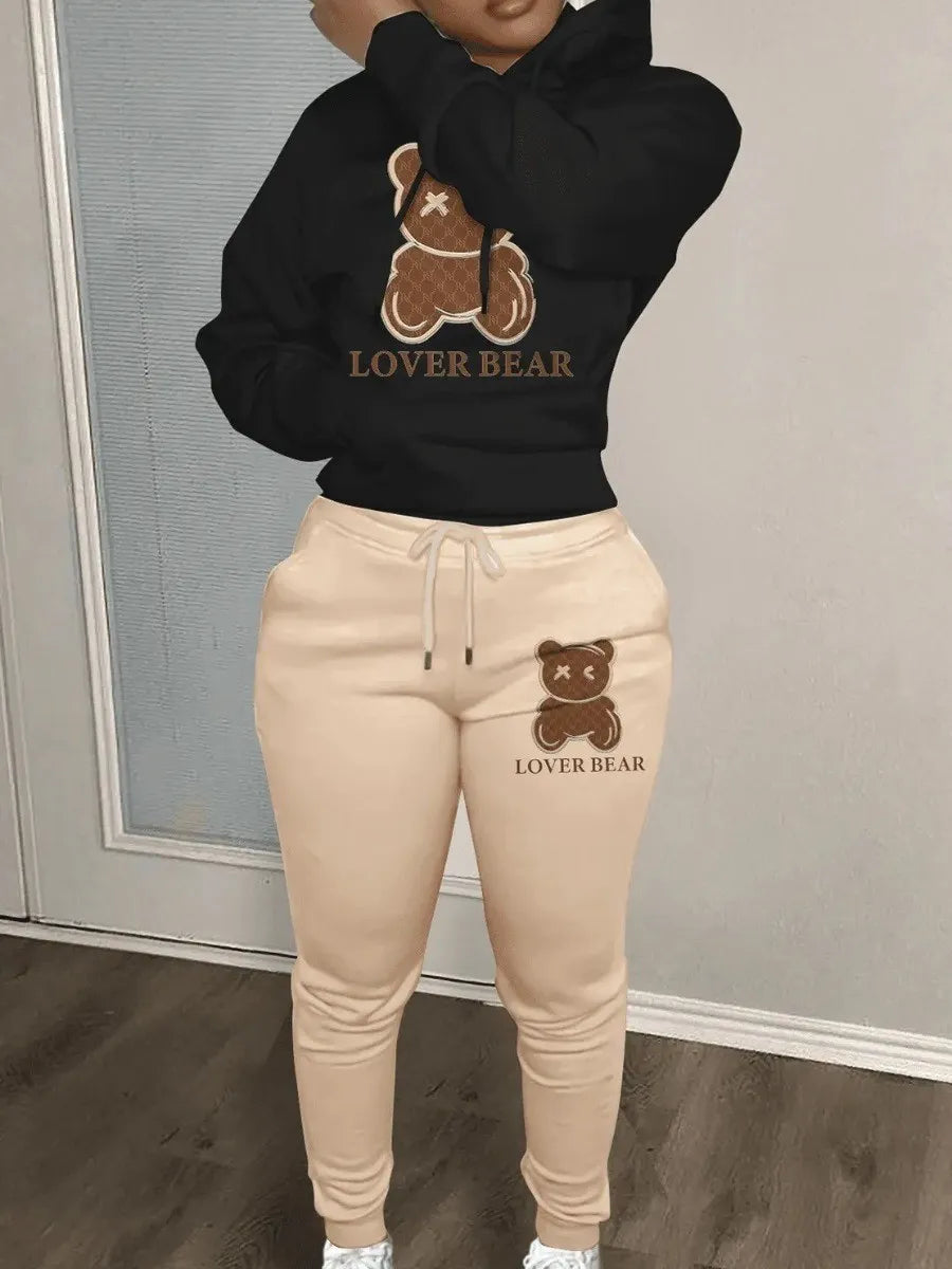 "Lover Bear" Print Kangaroo Pocket Long Sleeve Hoodie + Drawstring Sweatpants Two-Piece Tracksuit