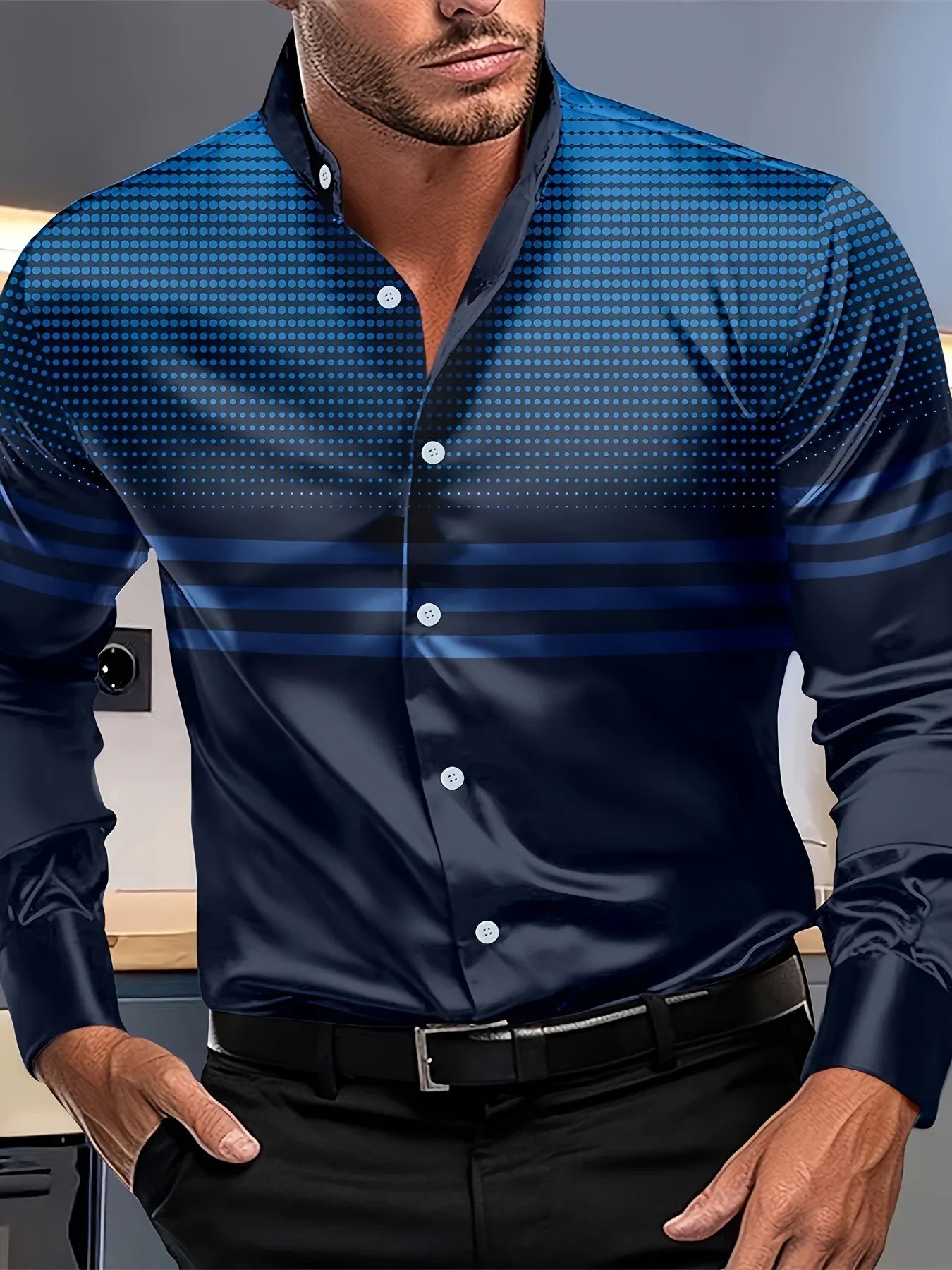 Men's Striped Polka Dot Print Button-Up Long Sleeve Turn-Down Collar Dress Shirts to 6X Big & Tall