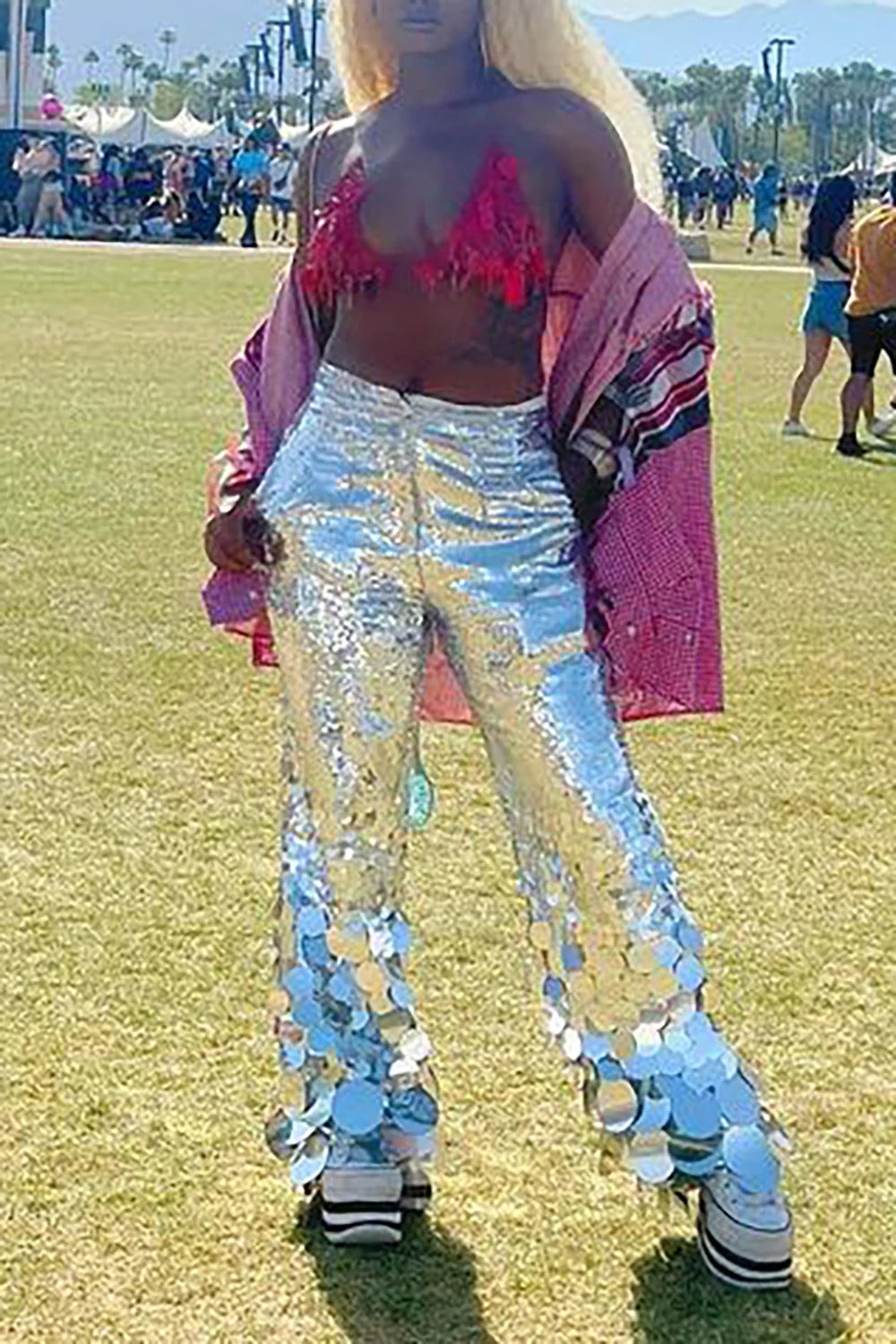 Metallic Designer Silver/Gold Sequined Round Tassel Fringe Design Women's Asymmetrical High Waist Flare Pants to 4X Plus Size