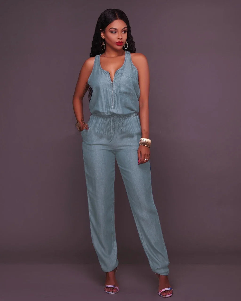 Denim Lightweight Ruched V-Neck Sleeveless Zipper Jean Jumpsuit