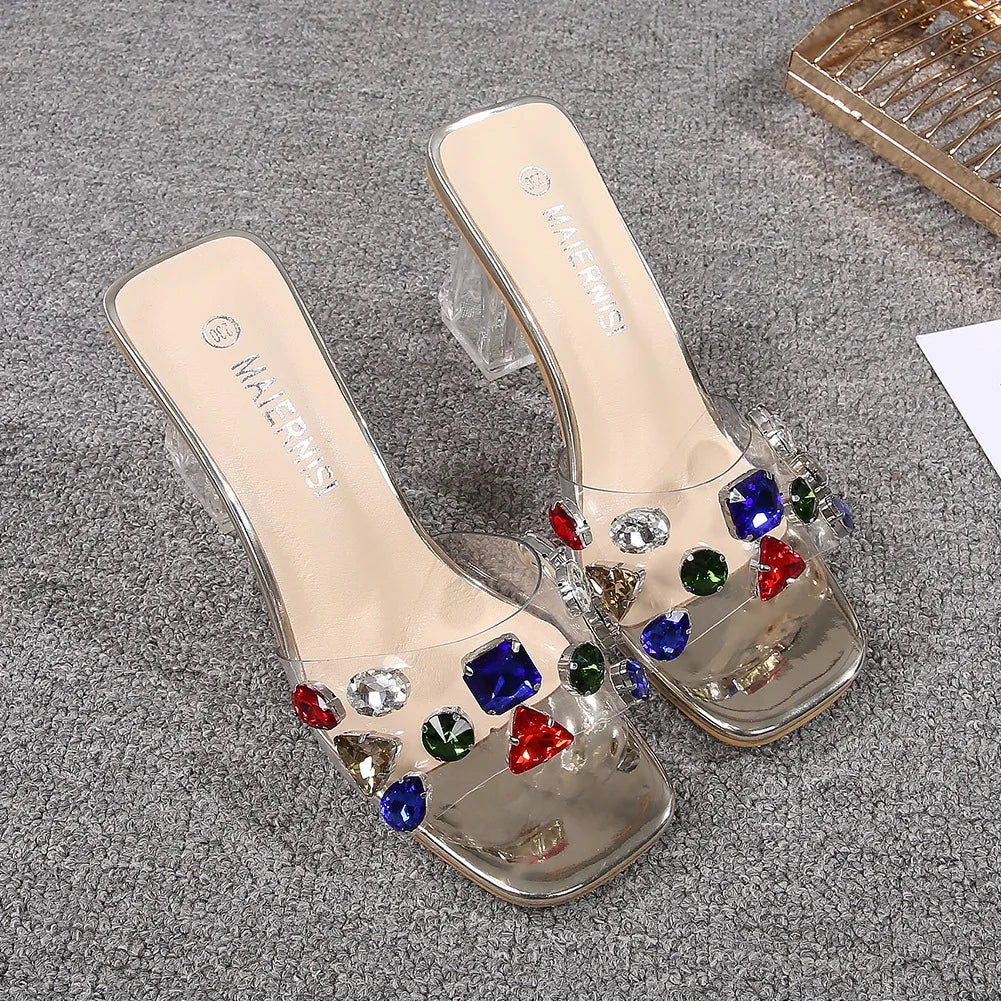 PVC Transparent Clear Crystal Rainbow Rhinestone Embellished Open Toe Low Heel Women's Sandals