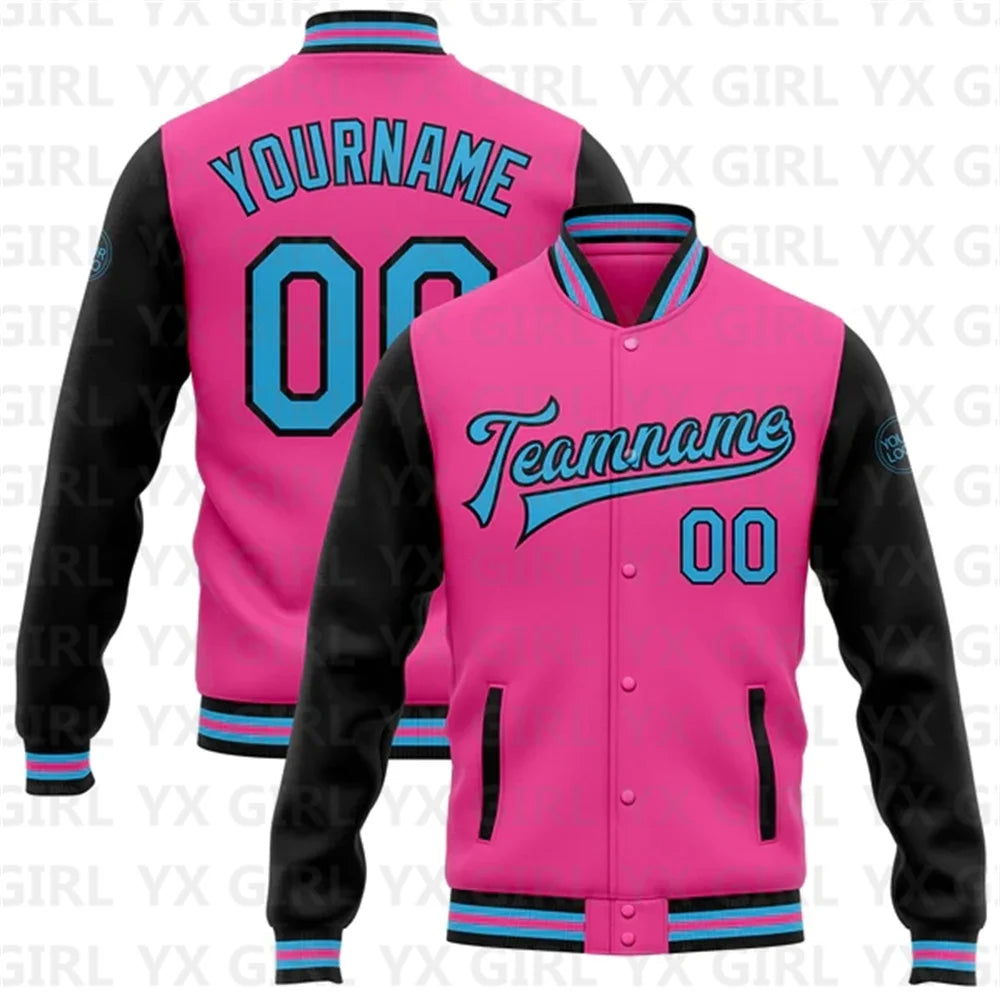 Customized Unisex Personalized Pink White-Kelly Green Letter/Team Name Print Full-Snap Varsity Letterman 2-Tone 3D Baseball Button Bomber Jacket