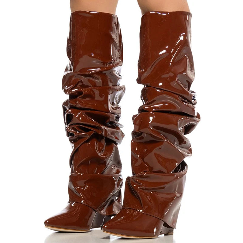 Ruched Pleated Women's Camouflage/Metallic/Solid Overlay Knee-High Wedge Heel Slouch Boots