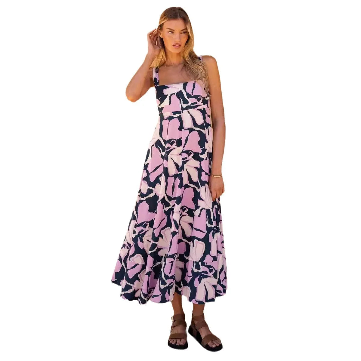 Tropical Floral Print Spaghetti Strap  Skinny Fit Sleeveless Maxi Sundress