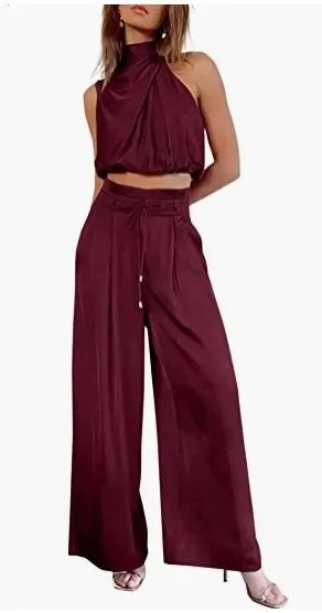 Sleeveless Turtleneck Ruched Crop Top + Bell Bottom Wide Leg Women's Pants 2-Piece Set