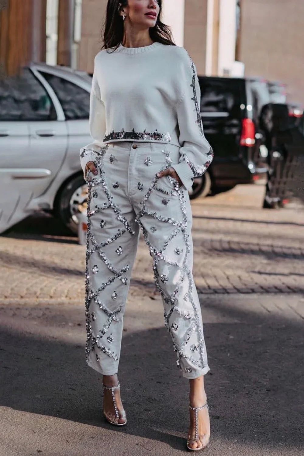 White Sequin Rhinestone Embellished Women's Straight Leg Jeans to 3X Plus Size