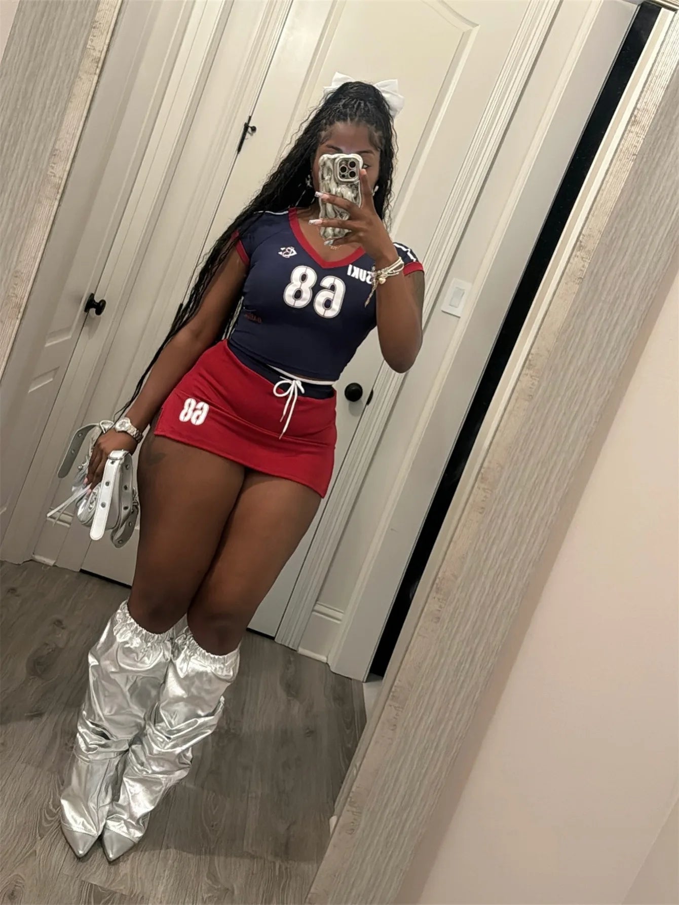Letter Print V-Neck Crop Top + Drawstring Streetwear Mini Skirt Women's 2-Piece Set