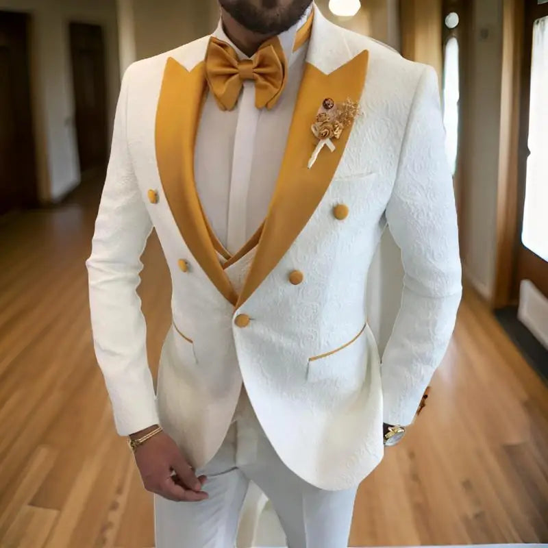 White/Yellow Men's Double Breasted Tuxedo Blazer Jacket with Vest & Pants 3-Piece Formal Prom/Wedding/Party Suit