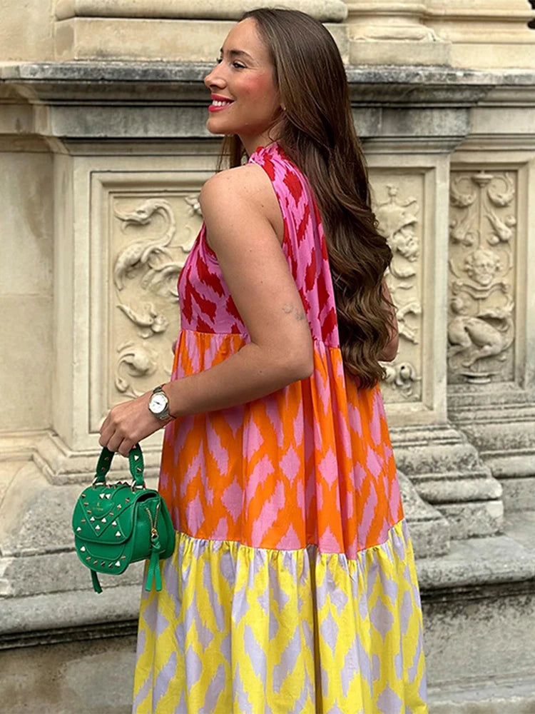 Geometric Colorblock Patchwork Printed Round Neck Sleeveless Big Swing Maxi Dress