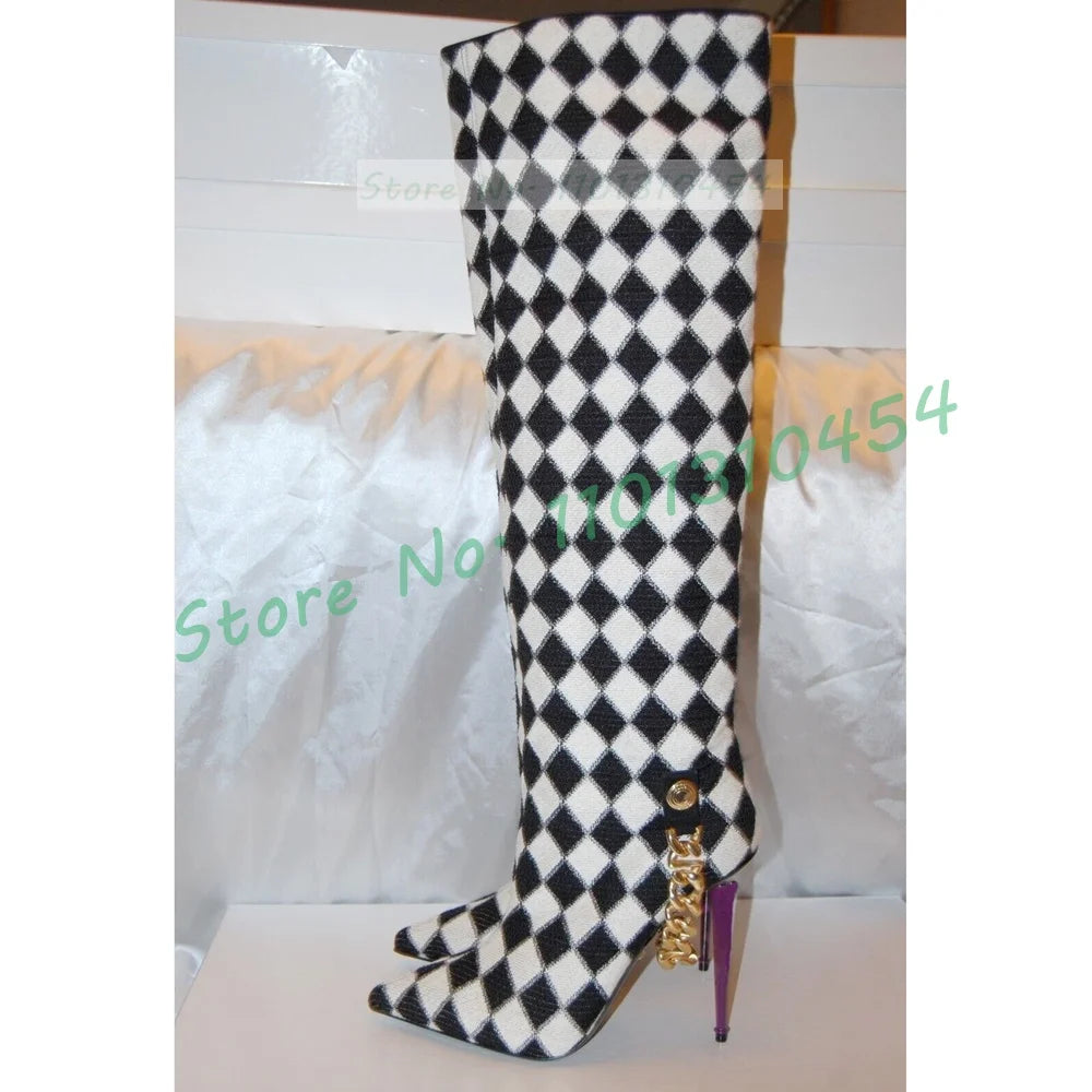 Plaid Black/White Checkered Knee-High Gold Chain Decor Purple Metal Stiletto Heel Pointed Toe Side Zipper Boots