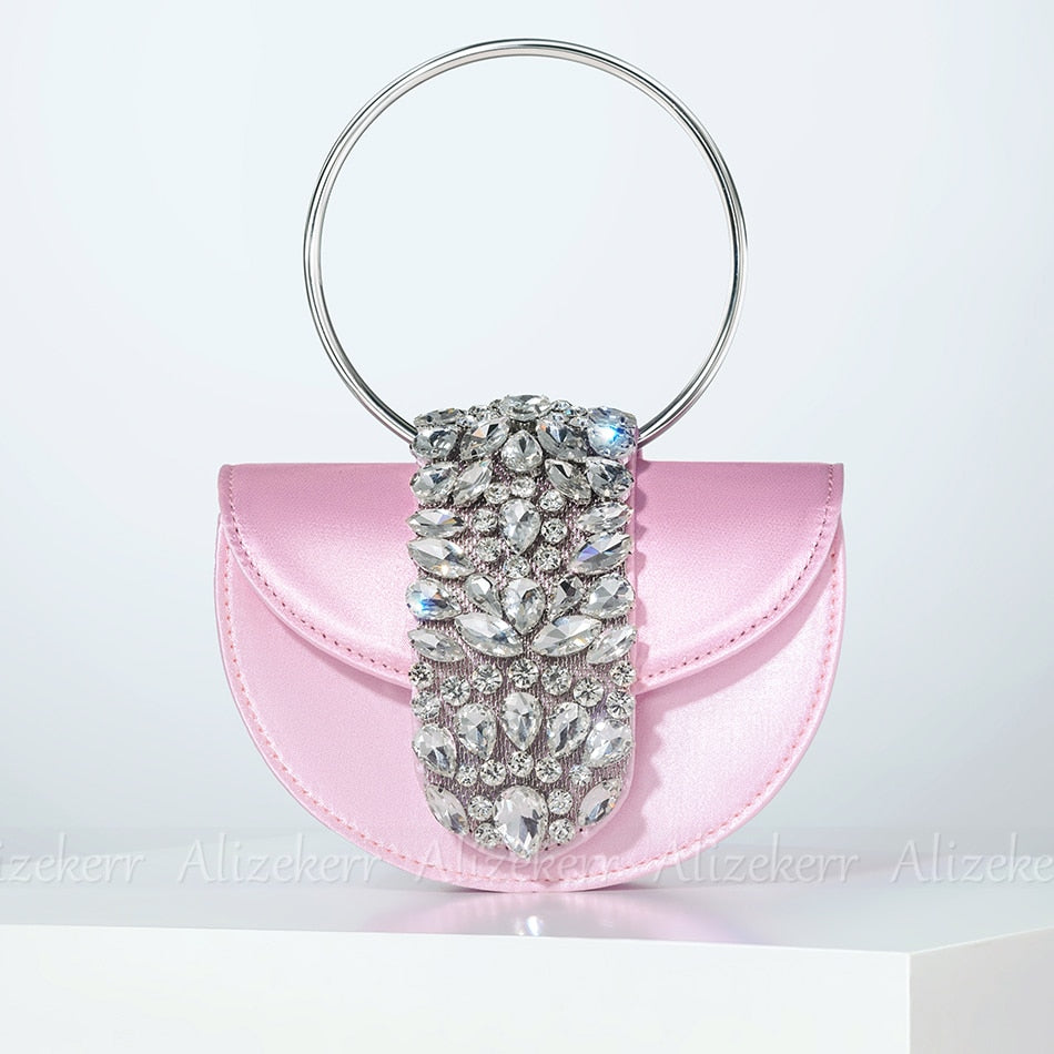 Satin Rhinestone Half Round Metal Ring Clutch Purse