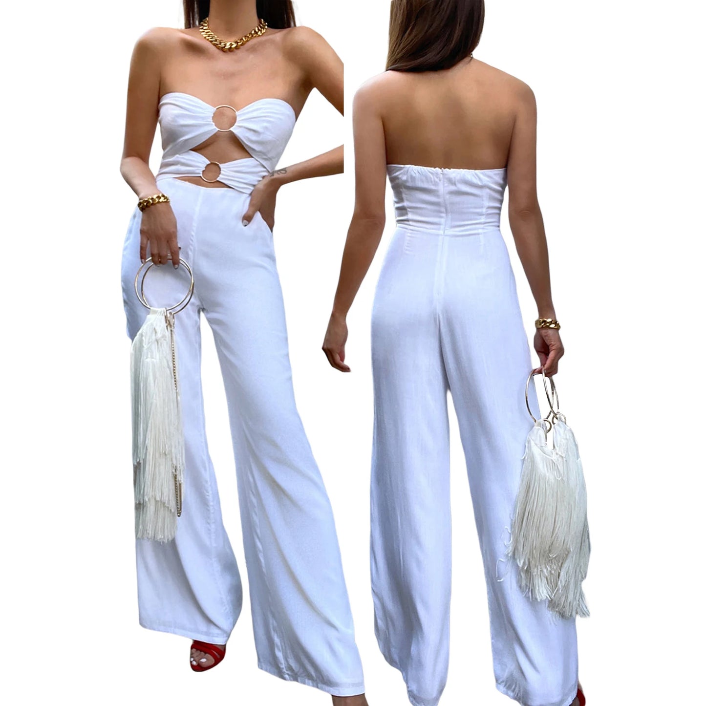 Sleeveless Strapless Solid Color Backless Metal Ring Linked Wide Leg Tube Jumpsuit