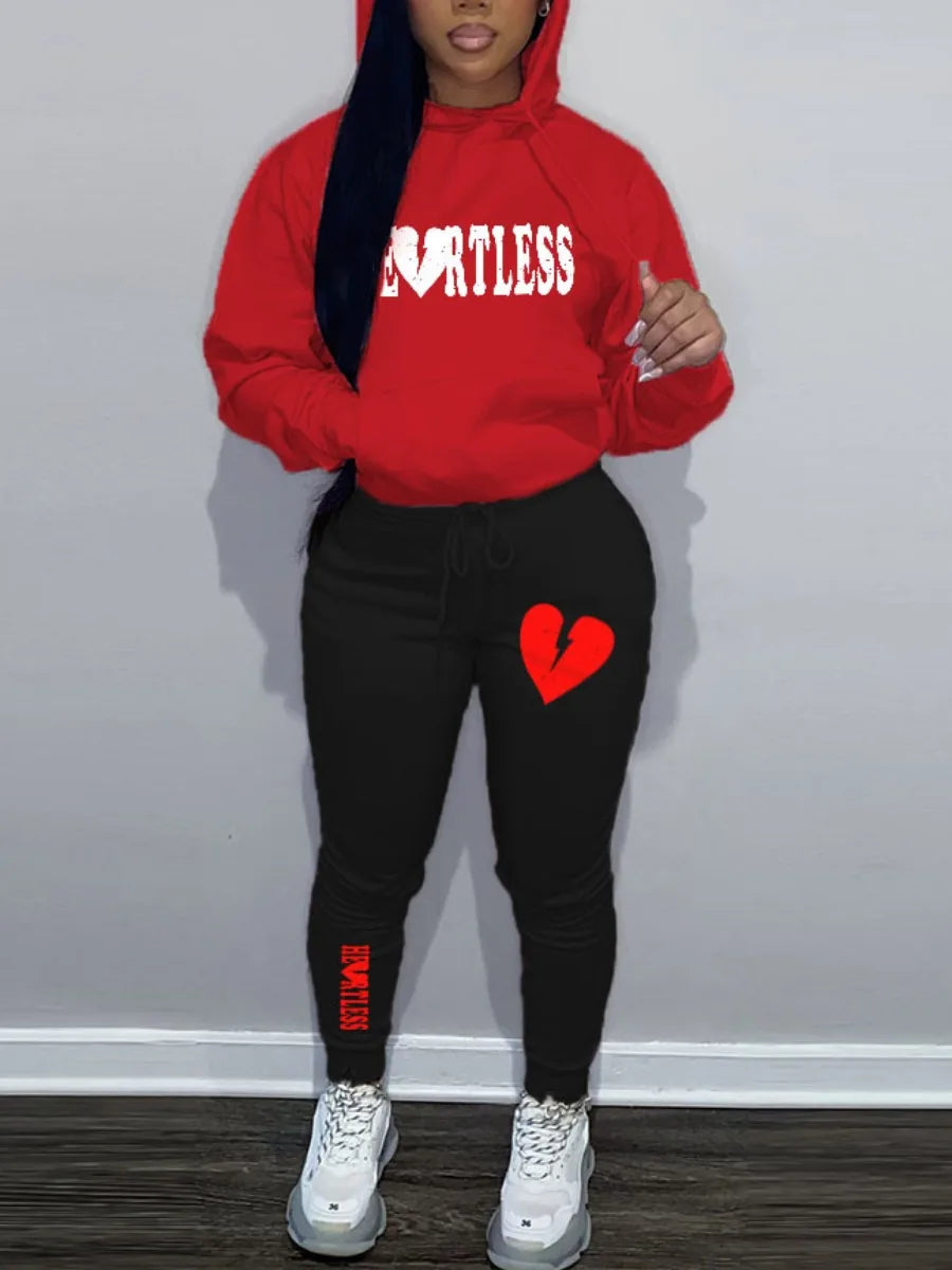 "Heartless" Heart Print Kangaroo Pocket Long Sleeve Hoodie + Sweatpants Ladies Tracksuit