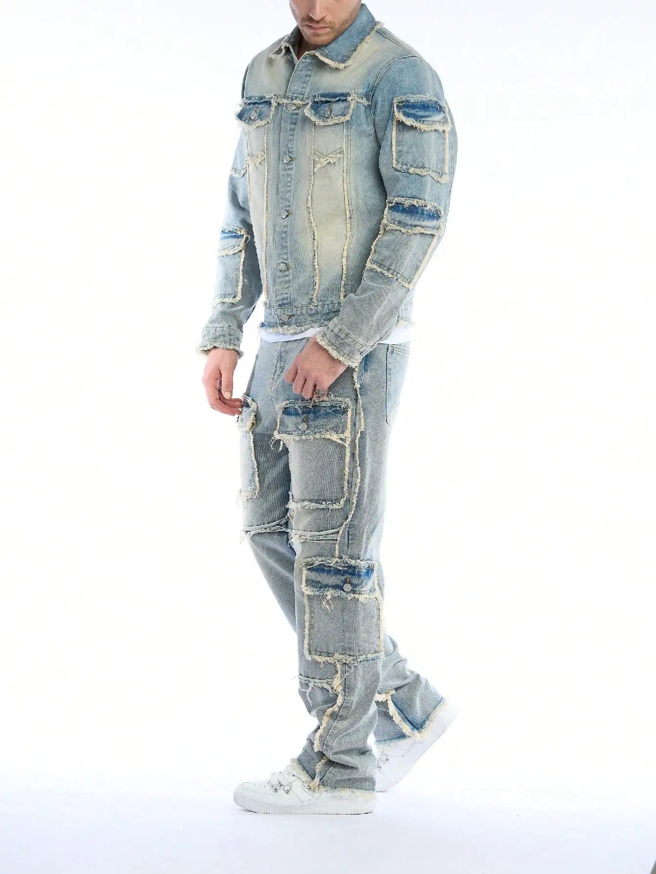 Men's Washed Denim Ripped Faded Light Blue Fringe Hem Multi-Pocketed Hip-Hop Cargo Jeans 2-Piece Set (Jean Jacket + Stacked Jeans)