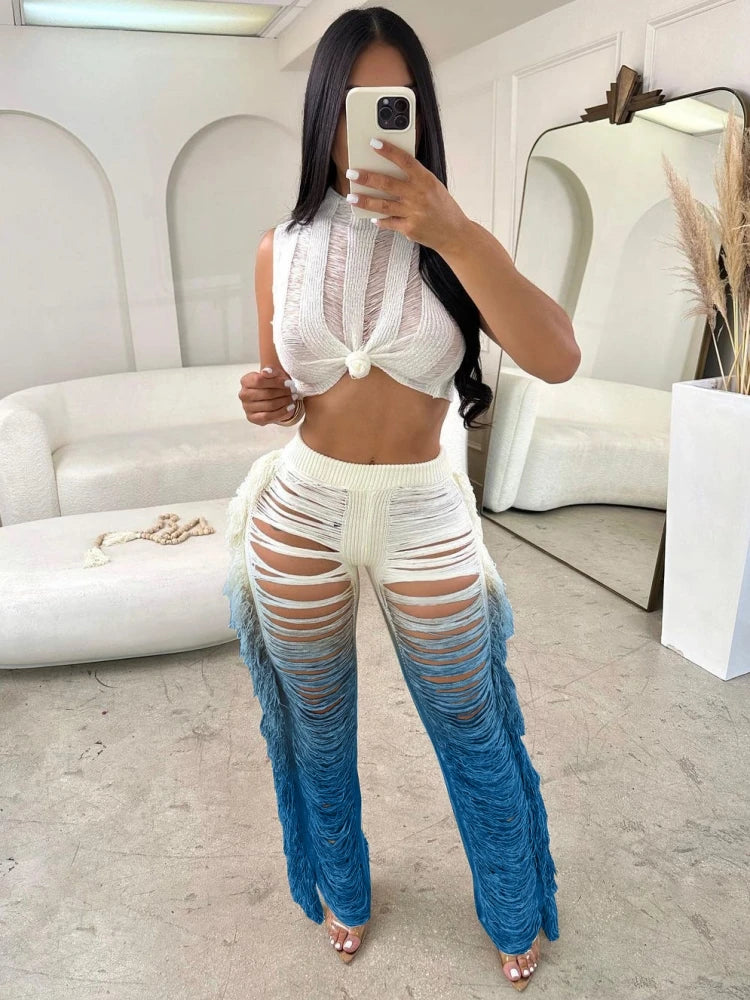 Ombre Tie-Dye Colorblock Sleeveless Crop Top + Ripped Hollow-Out Tassel Fringe Design Knitted Elastic Waist Pants 2-Piece Sets