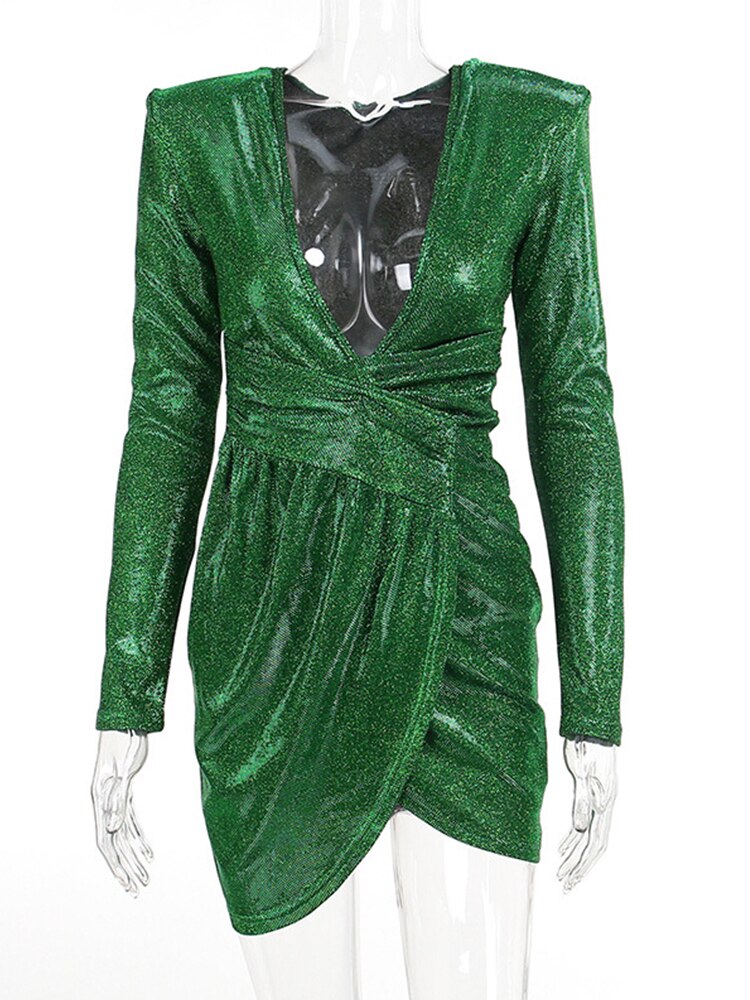 Green Pleated V-Neck Long Sleeve Short Evening Party Dress