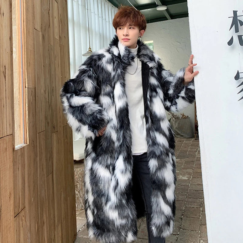 Men's Black/White Colorblock Patchwork Thick Faux Fur Trenchcoat