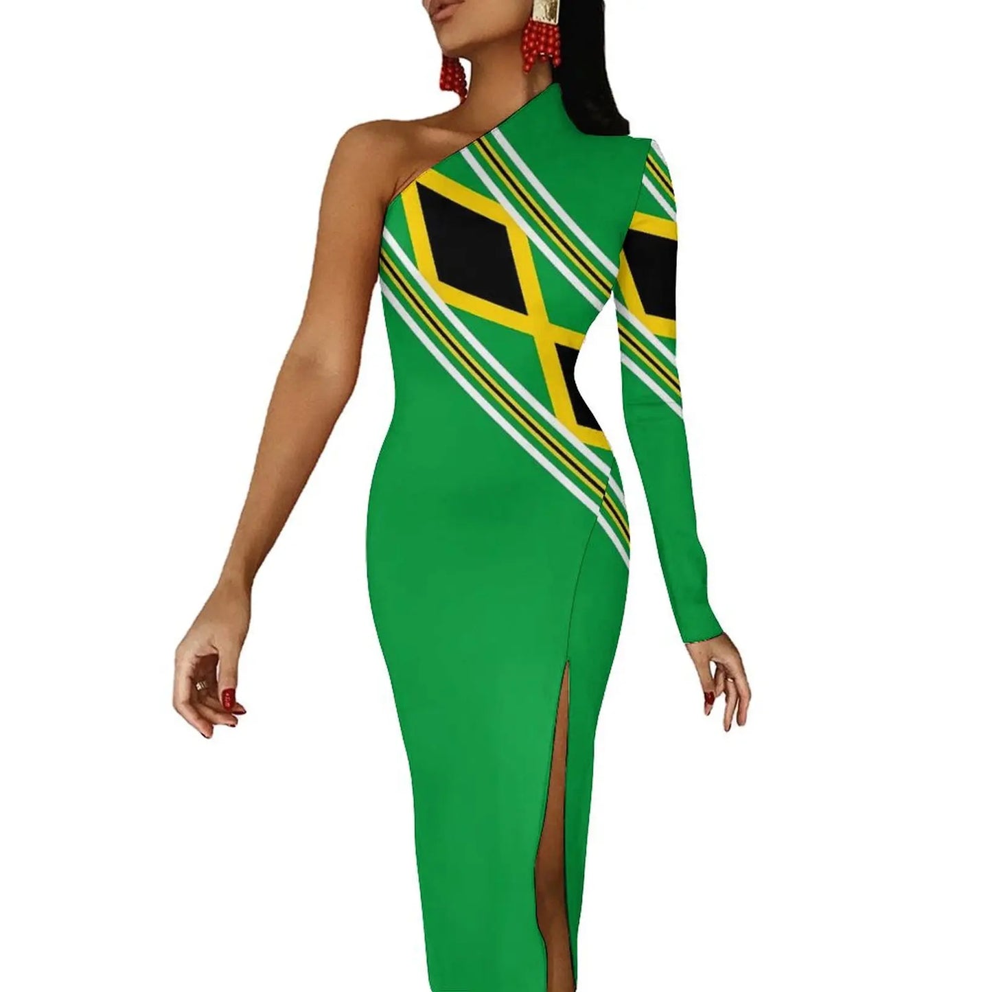 Jamaica Flag Colors Striped/Geometric/Camoflauge High Side Slit One Sleeve Streetwear Bodycon Maxi Dress