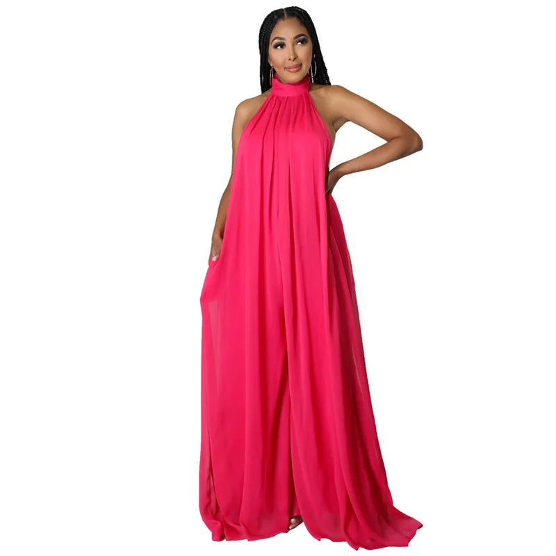 Chiffon Halter Backless Loose Solid Color Sleeveless Women's Wide Leg Jumpsuit