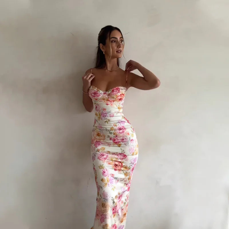 Satin White/Pink Flower Print Sleeveless Spaghetti Strap Skinny Maxi Formal Dress