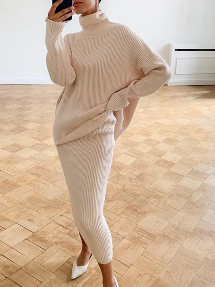 Turtleneck Pullover Ladies Sweater + Knitted Matching Midi Skirt 2-Piece Sweater Set to 5X Plus Size