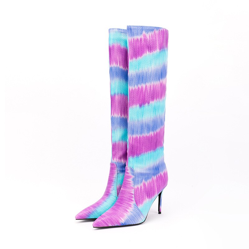 Colorful Striped Snake Print Stiletto Pointed Toe Knee High Boots