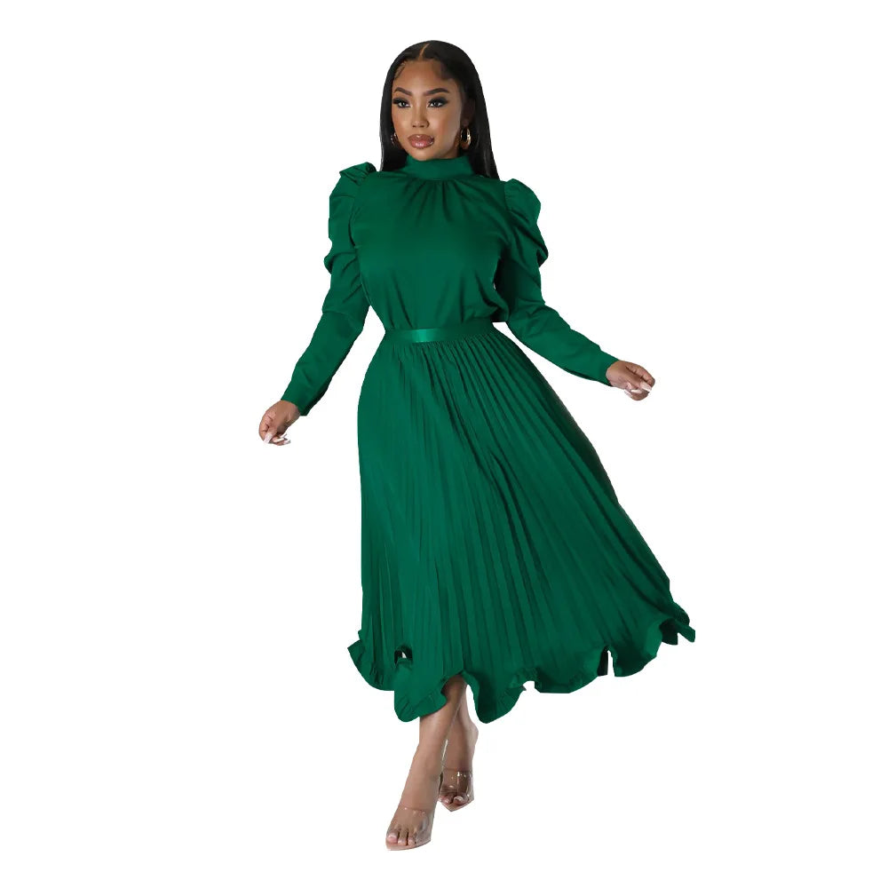 Women’s Solid Color O-Neck Lantern Sleeve Blouse + A-Line Flounce Formal Pleated Maxi Skirt w/ Sash Belt 2-Piece Set