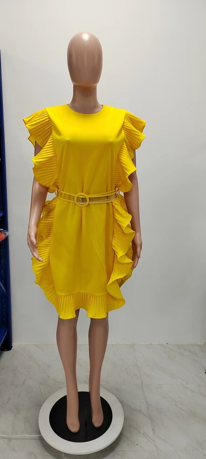 Ruffled Yellow Solid Short Sleeve Round Neck Mini Dress w/ Belt to 5X