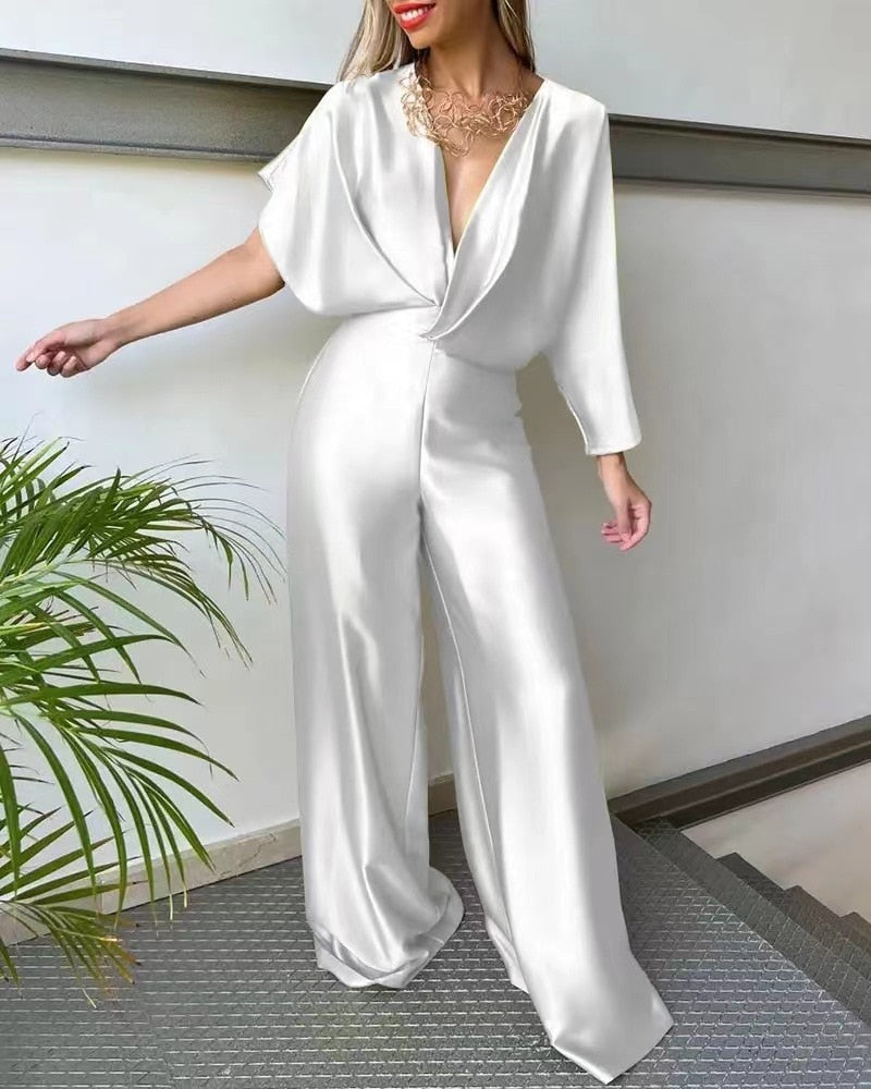 Plunge Neckline Satin Asymmetrical Sleeve Backless Wide Leg Jumpsuit