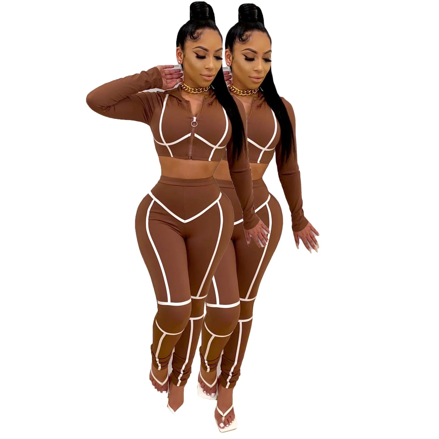 Striped Bandage Women's O-Neck Cropped Zipper Jacket + Sweatpants Tracksuit