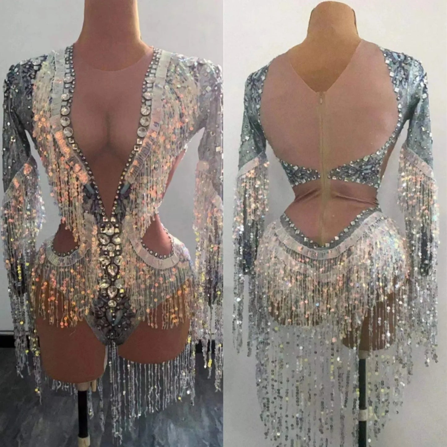 Shiny Crystal Rhinestone Long Tassel Sleeve Women's Deep V-Neck Bodysuits