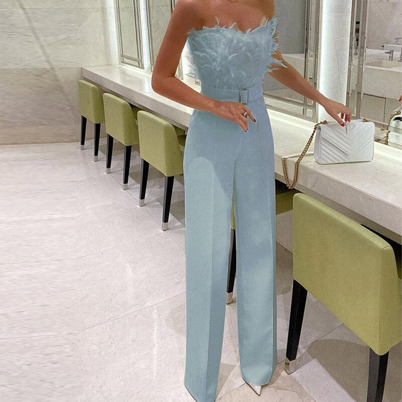 Feather Sleeveless Solid Color Party Jumpsuit