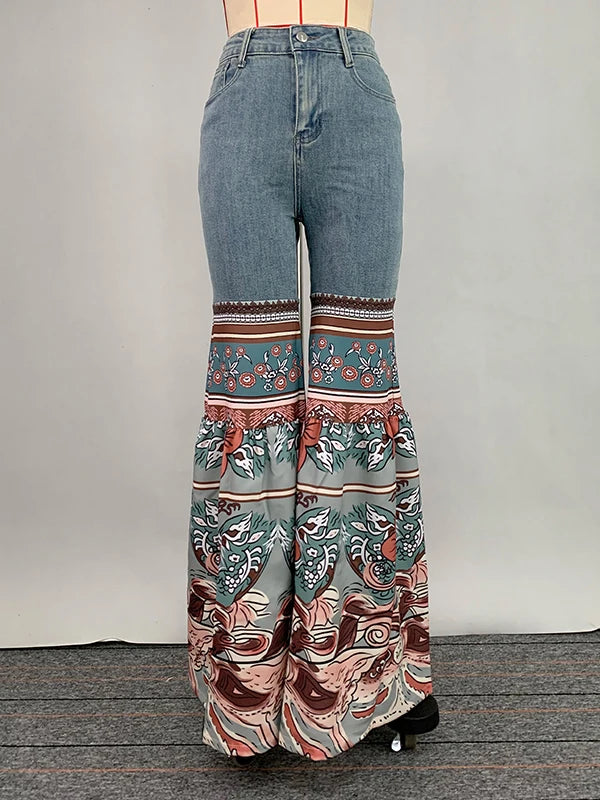 Vintage Patchwork Floral Print Women's High-Waisted Flared Jeans