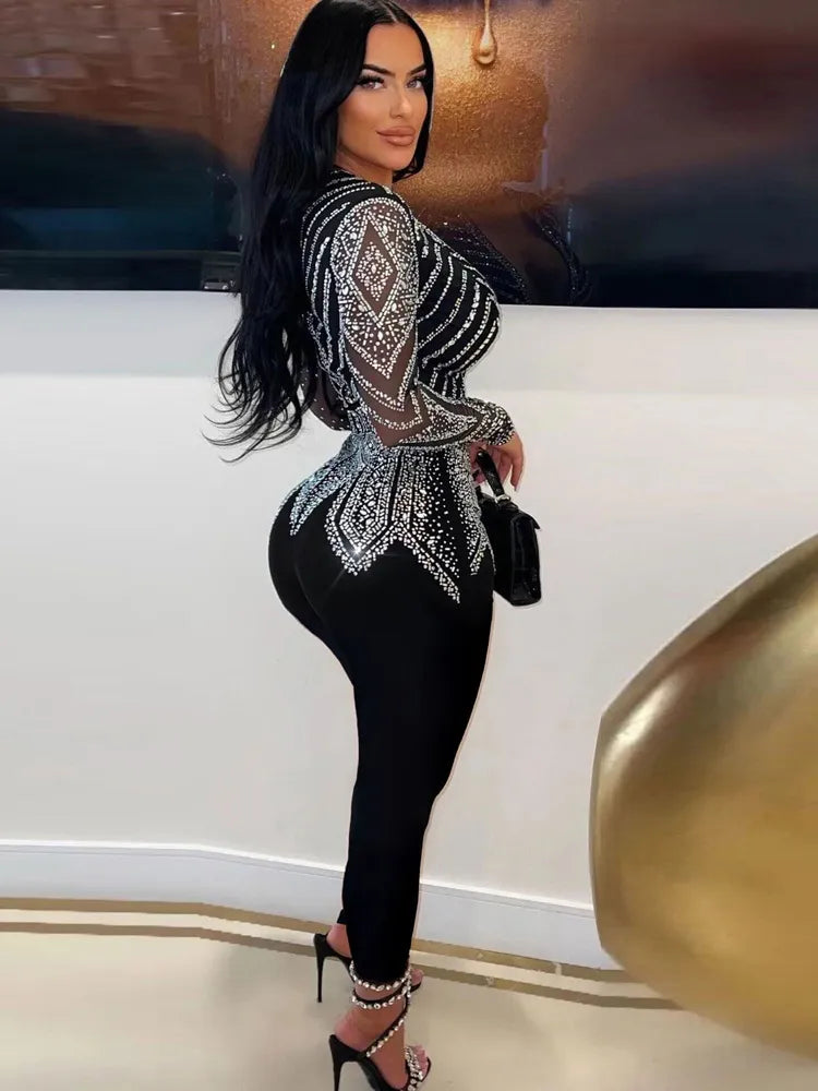 Sparkle Black/Silver Rhinestone Long Sleeve Crystal Deep V-Neck Jumpsuit