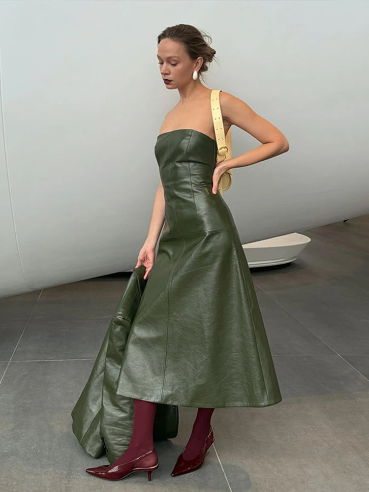 Shiny PU Leather Women's Solid Color Blazer Jacket w/ Flared Sleeveless Tube Maxi Dress 2-Piece Suit