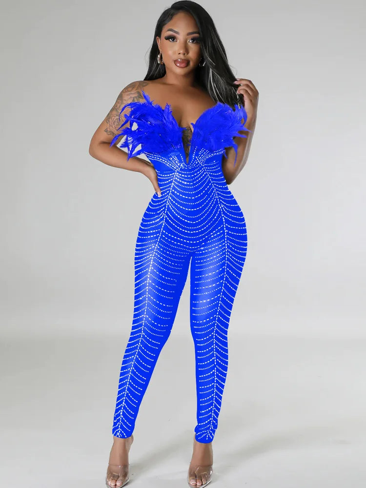 Sparkling Feather Design Off Shoulder Sheer Mesh Jumpsuit