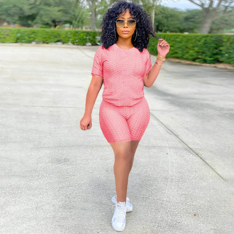 Texturized Sportswear O-Neck Solid Color Short Sleeve Women's T-Shirt + Shorts 2-Piece Fitness Workout Set