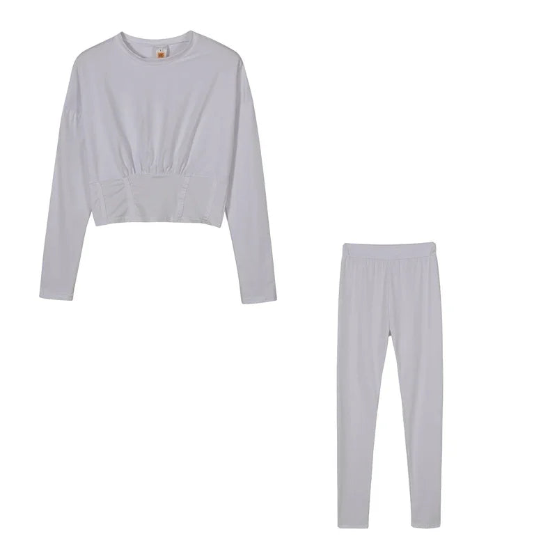 Ruched Fitted O-Neck Solid Color Women's Long Sleeve Crop Top + Leggings Tracksuit