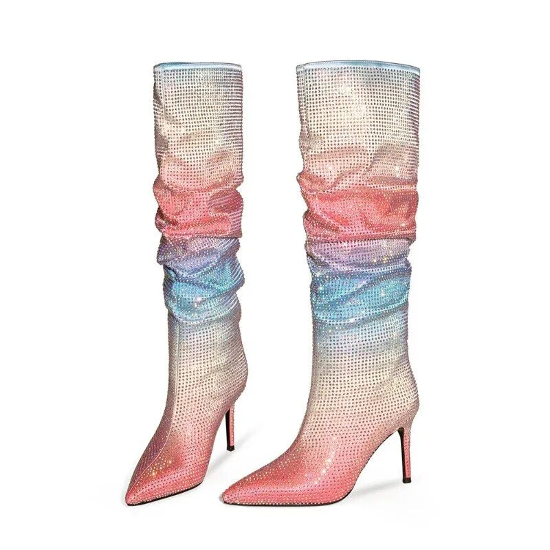 Glitter Rainbow Gradient Ombre Rhinestone Pleated Stacked Knee High Boots