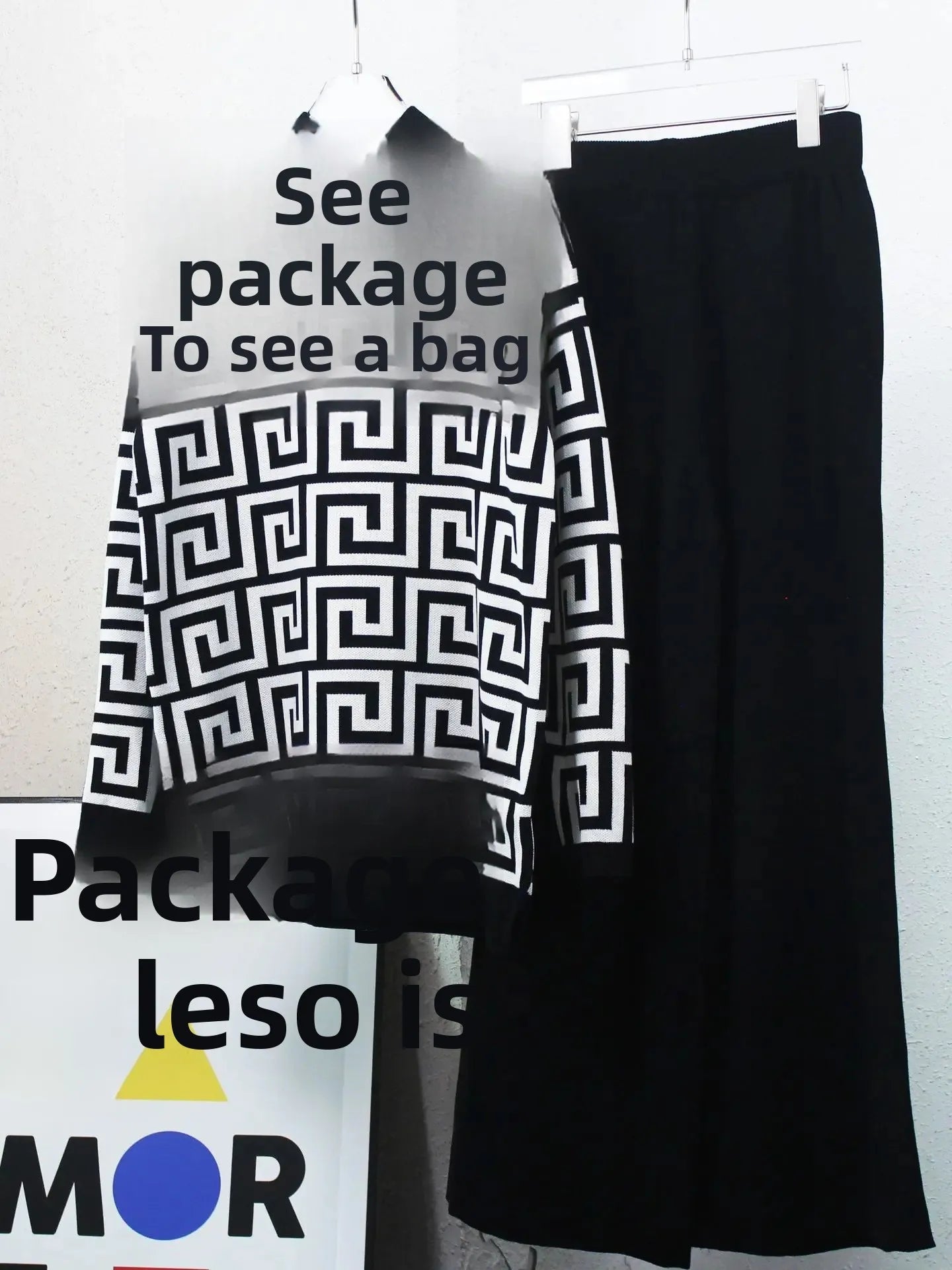 Geometric Colorblock High Collar Sweater + Wide Leg Pants Women's 2-Piece Set