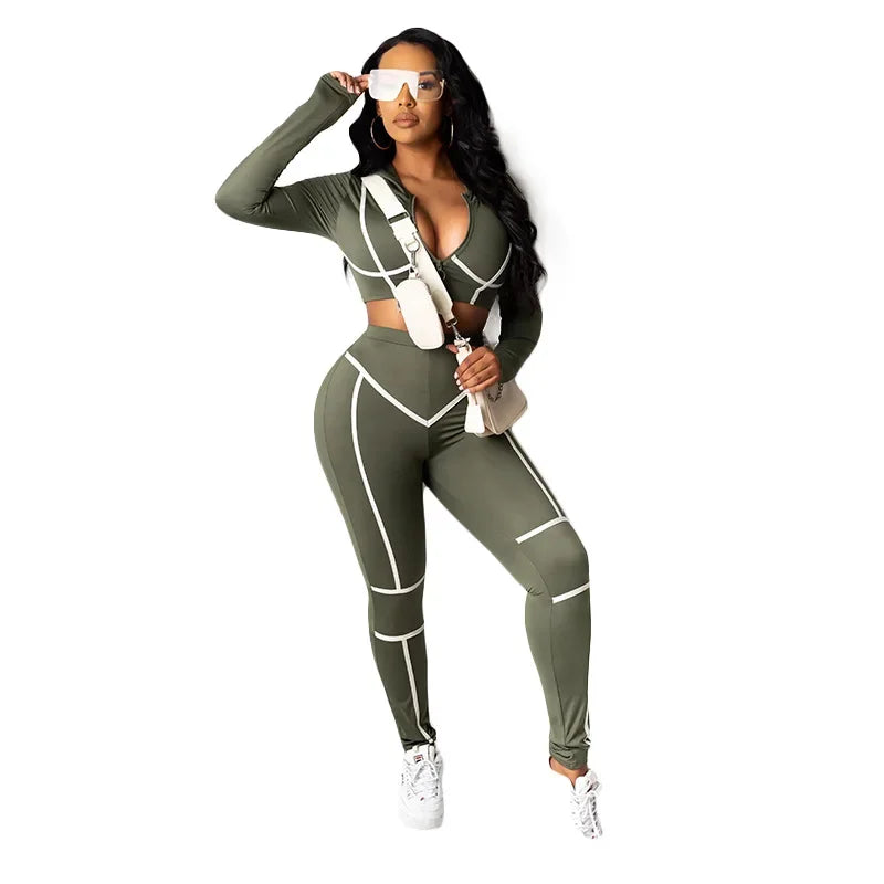 Striped Line Design Women's Cropped Zipper Sports Jacket + Sweatpants Tracksuit