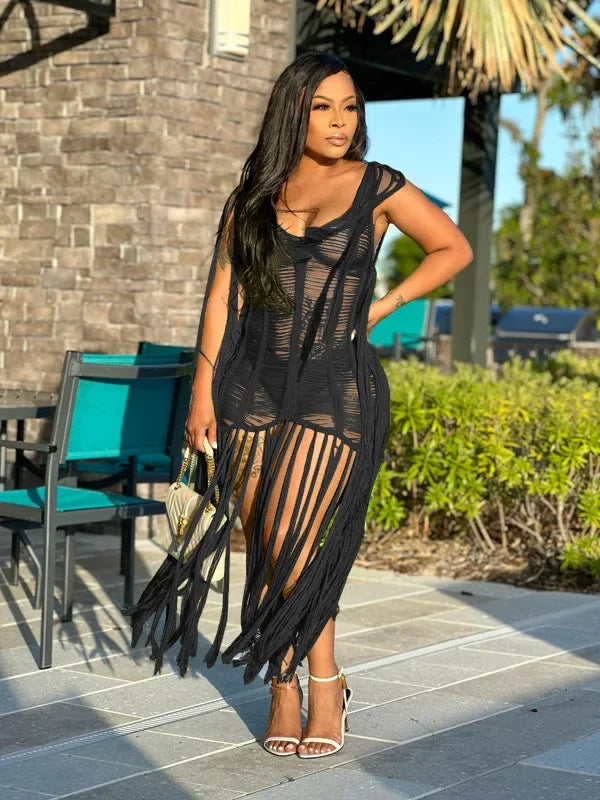 Crochet Knitted Ribbed Hollow-Out Tassel Fringe Hem Sleeveless Beach Maxi Swimsuit Cover-Up Dress