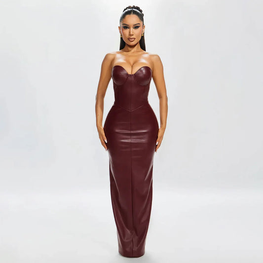Burgundy Sleeveless PU Leather Bustier Corset Top Strapless Tube Formal Maxi Dress